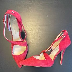 EUC Jessica Simpson red suede strappy heels, size 9.  Wixen, Pointy toe. Worn 1x